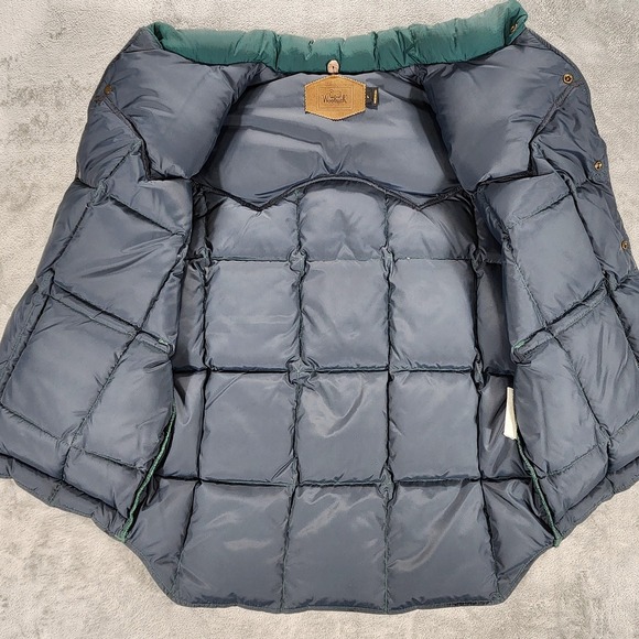 Woolrich Vest Mens Large Green Down Quilted Puffer Leather Yoke Western USA - Picture 3 of 9